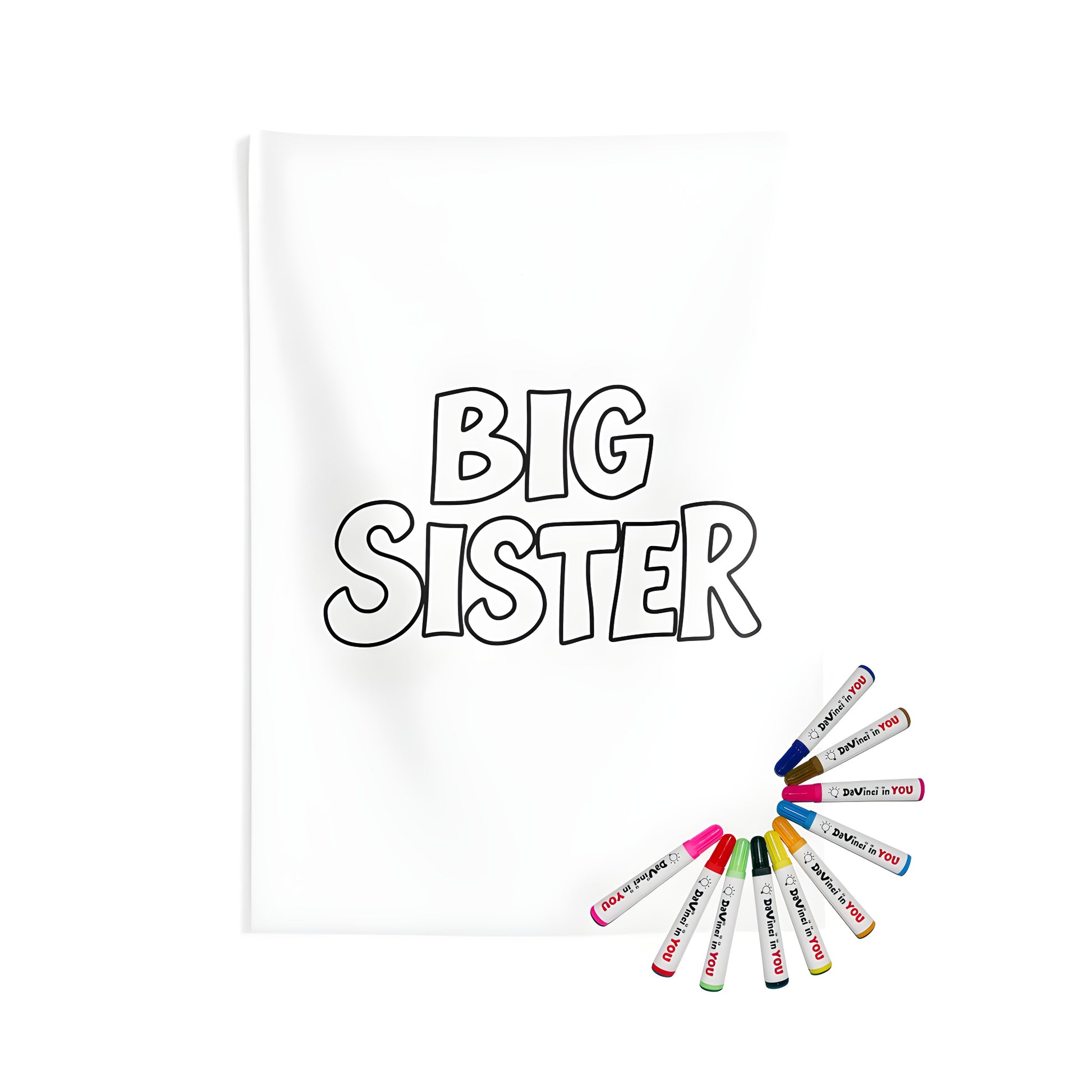 Coloring pages for siblings on an indoor wall tapestry, featuring 'Big Sister' design