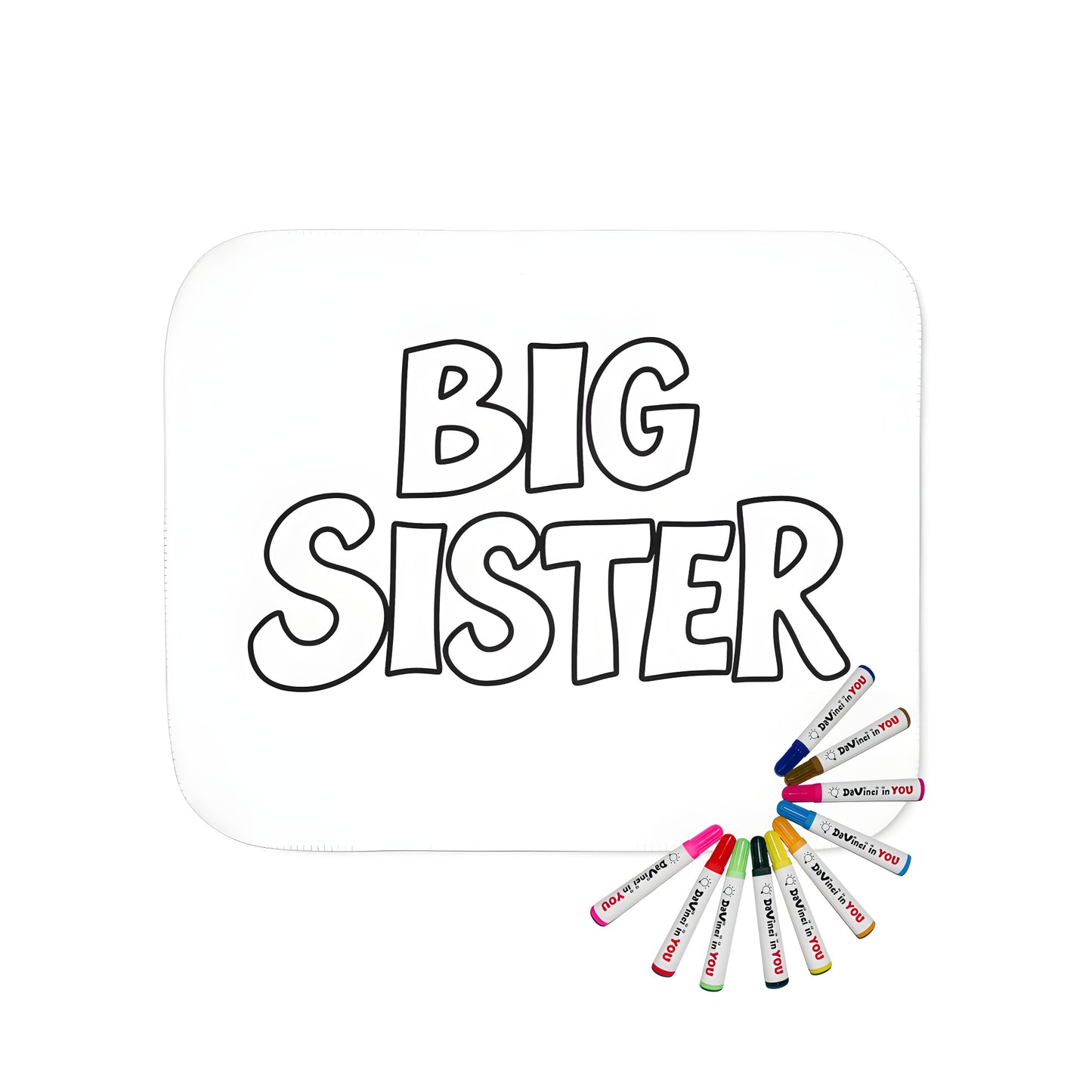 Blanket with fun 'Big Sister' coloring page design featuring siblings