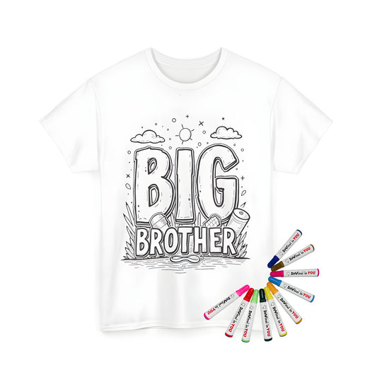 Unisex t-shirt featuring a big brother design, with monochrome illustration of text 'BIG BROTHER' and cartoon-style sun, clouds, and nature elements.