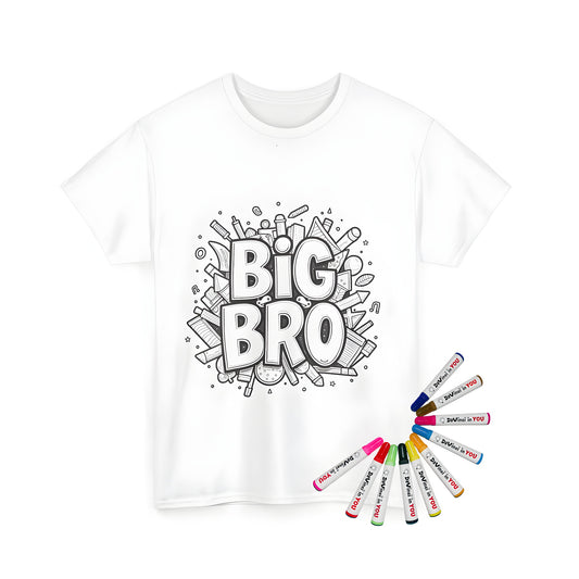 Unisex t-shirt featuring a unique black and white drawing design of 'BIG BRO' surrounded by doodles and patterns, representing brotherly love and sibling bond. Perfect for siblings or brothers