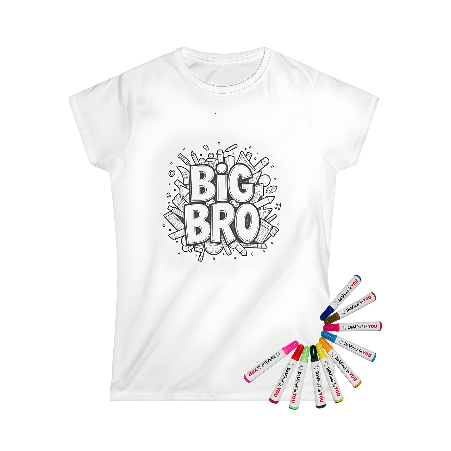 Women's t-shirt with artistic black and white drawing of siblings bonding, big bro design