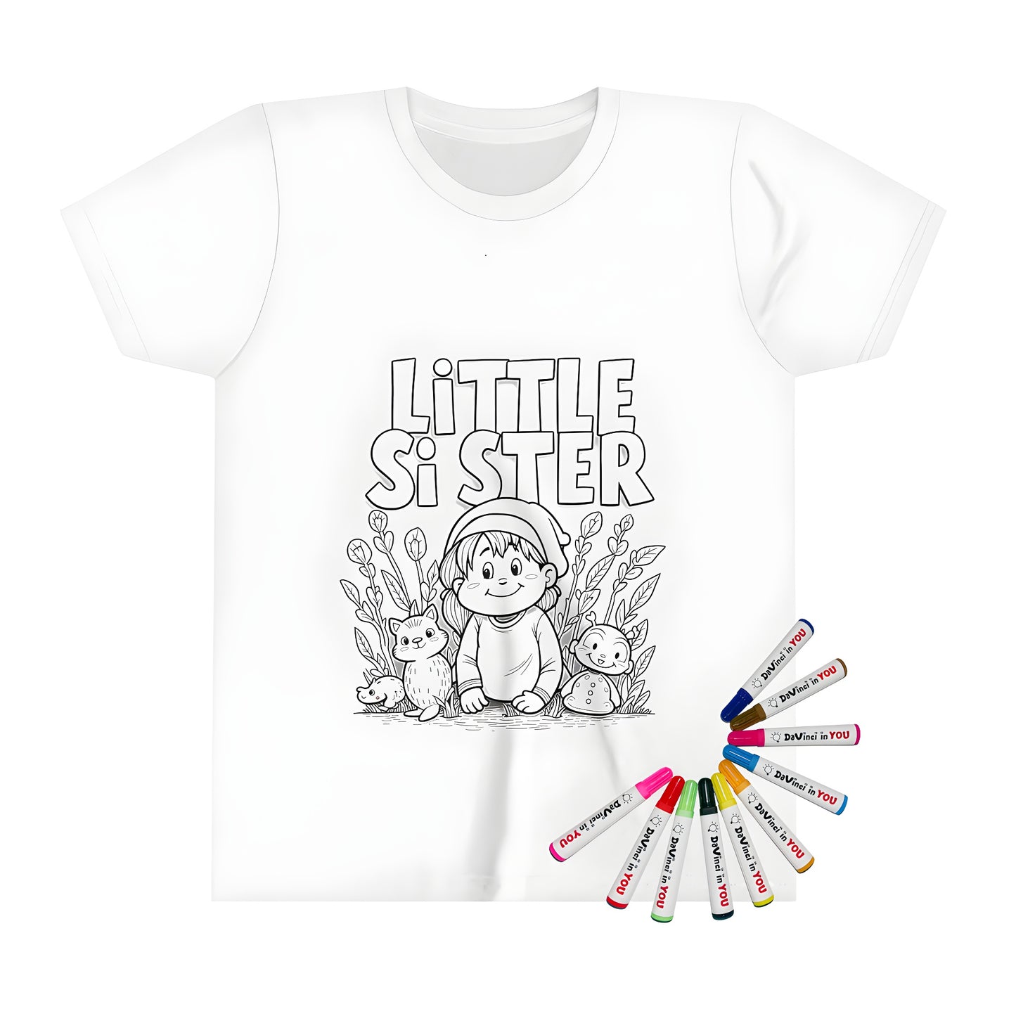 Colorful kid's t-shirt featuring an adorable girl smiling among nature