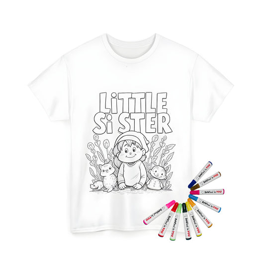 Unisex t-shirt featuring a cute Little Sis, Little Girl, Young Sister design with a coloring page theme and small animals among nature.