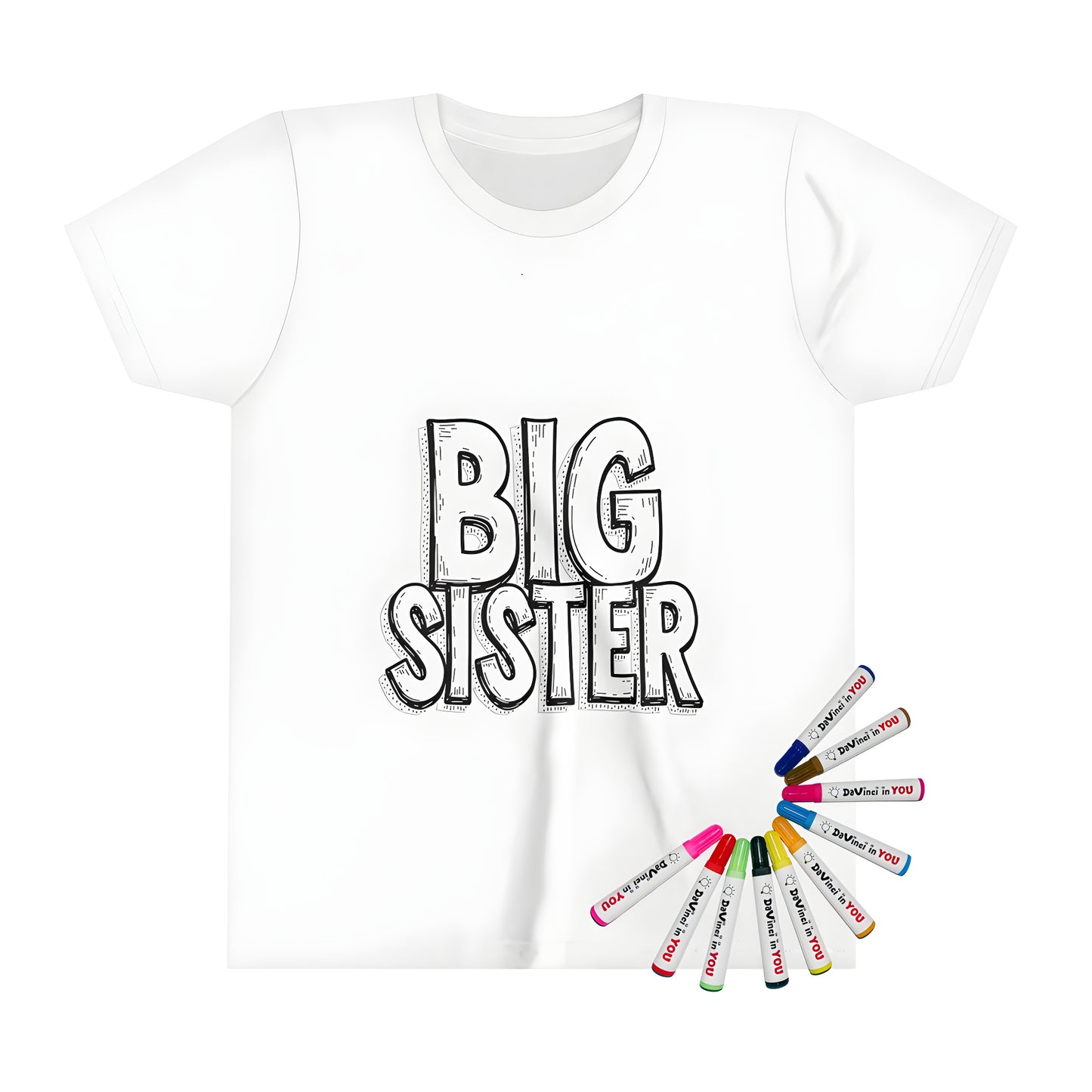 Kid's t-shirt coloring kit sibling design with fabric markers, bold black and white outline text 'BIG SISTER'