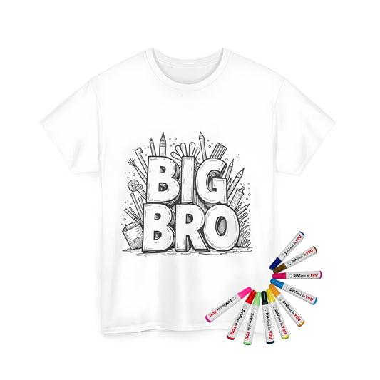 Unisex t-shirt with monochrome illustration of 'BIG BRO' surrounded by art supplies like pencils and brushes