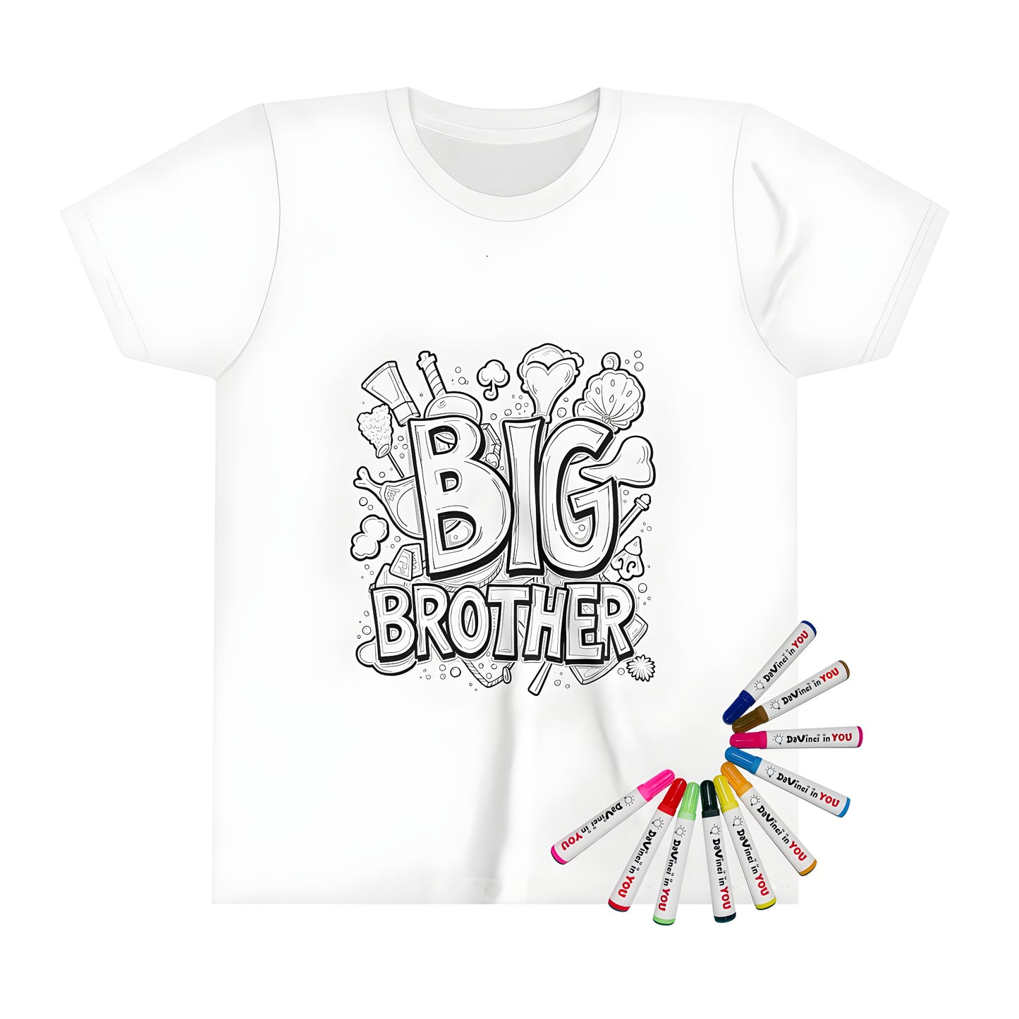 Coloring page inspired kid's t-shirt for big brother, boy or little brother featuring fun doodles and illustrations