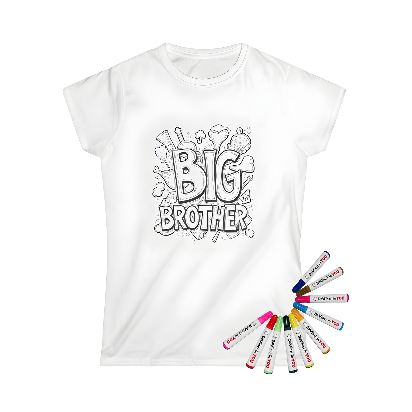 Women's T-shirt with a colorful Big Brother design featuring intricate illustrations and playful doodles