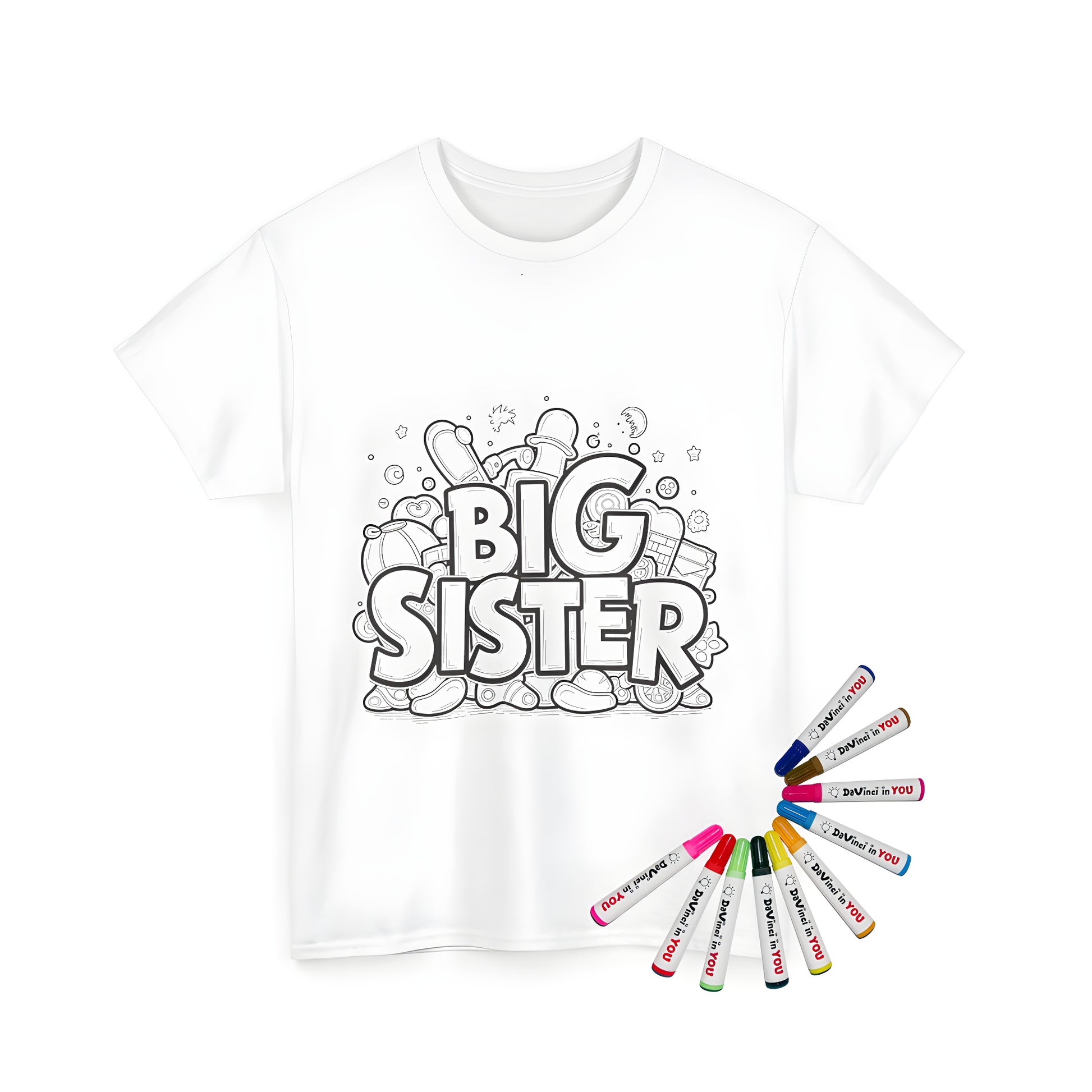 Unisex t-shirt for siblings featuring a black and white coloring page design of 'Big Sister' with toys and doodle elements