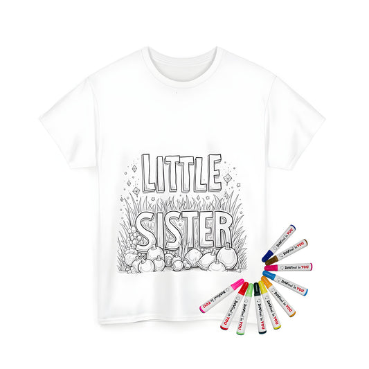 Adult and child color together on unisex t-shirt with cute Little Sis, Young Lady, Sweetie design by fabric markers