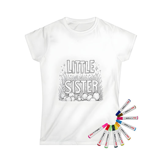 Women's graphic t-shirt featuring a black and white illustration of 'Little Sister' with decorative plants and flowers