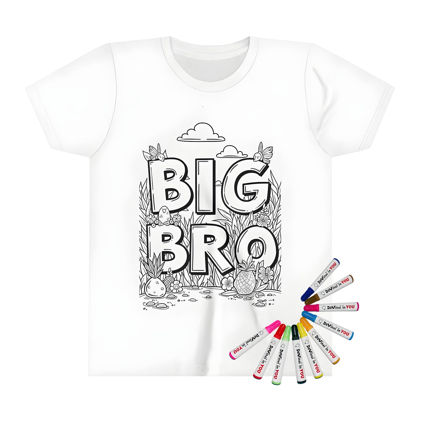 Coloring kit for kids' t-shirts featuring 'BIG BRO' design with flowers, birds, rocks, and clouds. Perfect for big brother announcement, new baby boy gift, or sibling love quote. Includes 10 fabric markers for creative expression