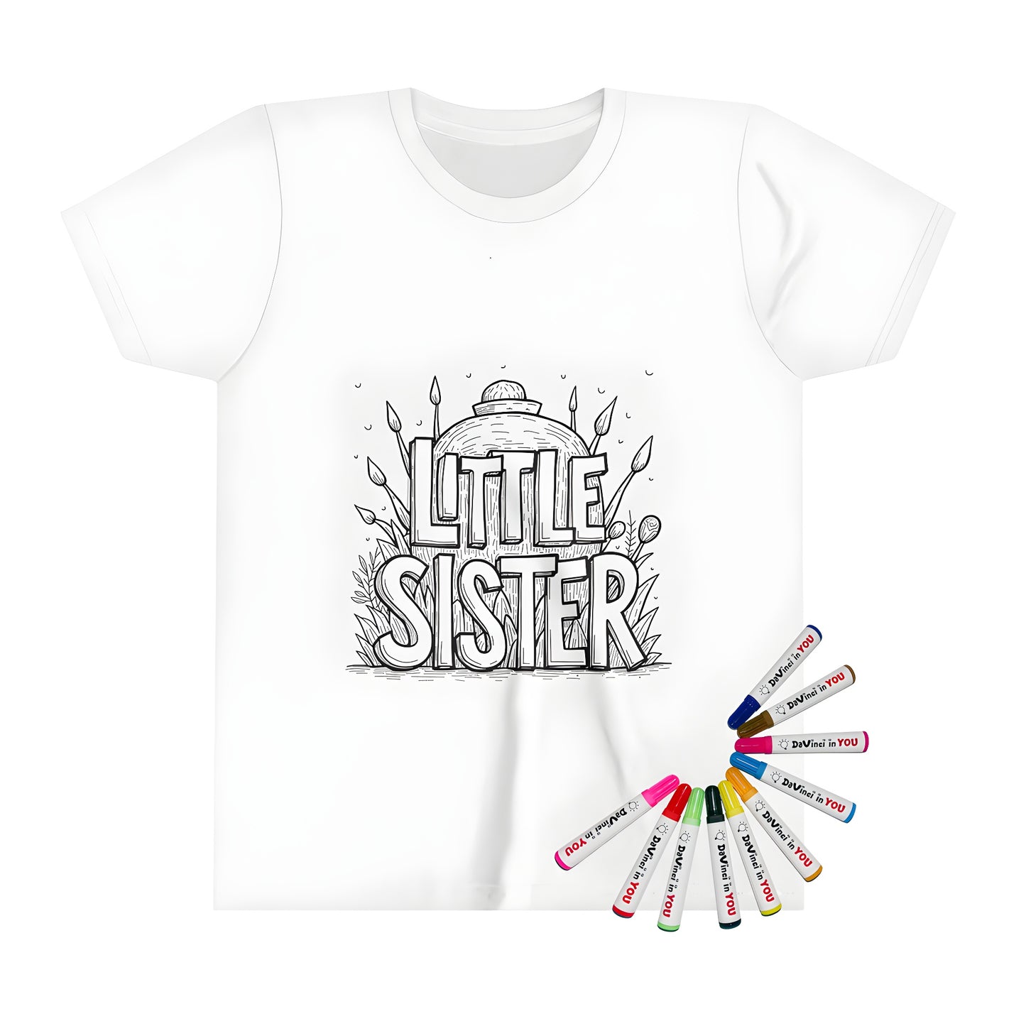 Coloring page inspired kid's tee for little sister, daughter, or girls with a sweet flower and leaves design featuring the phrase 'Little Sister' surrounded by beautiful artwork