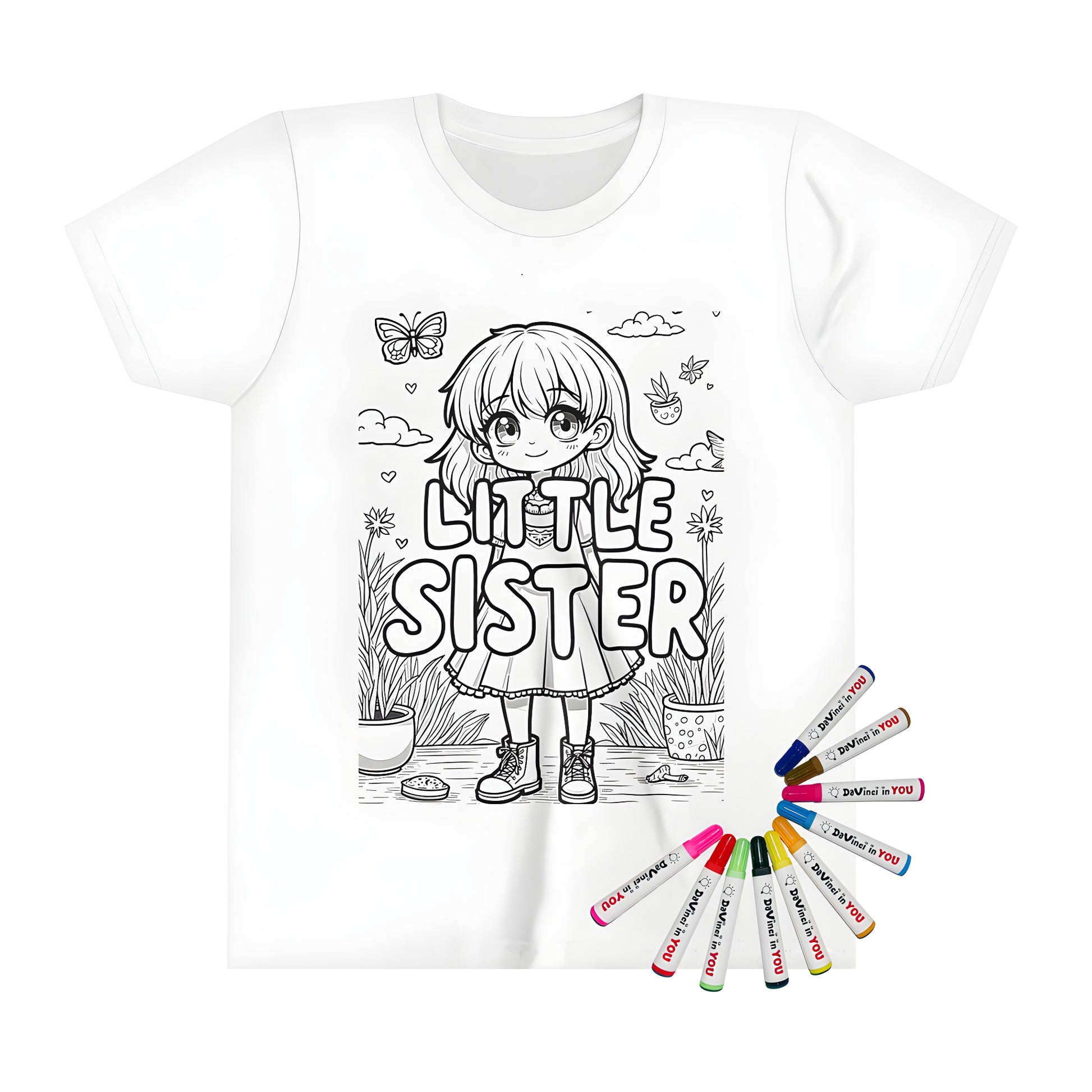 Cute kids t-shirt featuring a girl surrounded by plants and butterflies with the words Little Sister printed on it