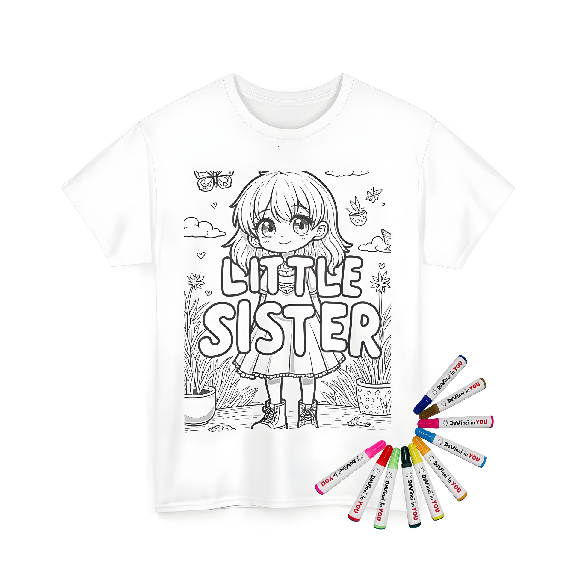 A Unisex T-Shirt with a cute girl surrounded by plants, butterflies, and the words 'Little Sister' or 'Sis' or 'Lil Sis' on a unisex t-shirt