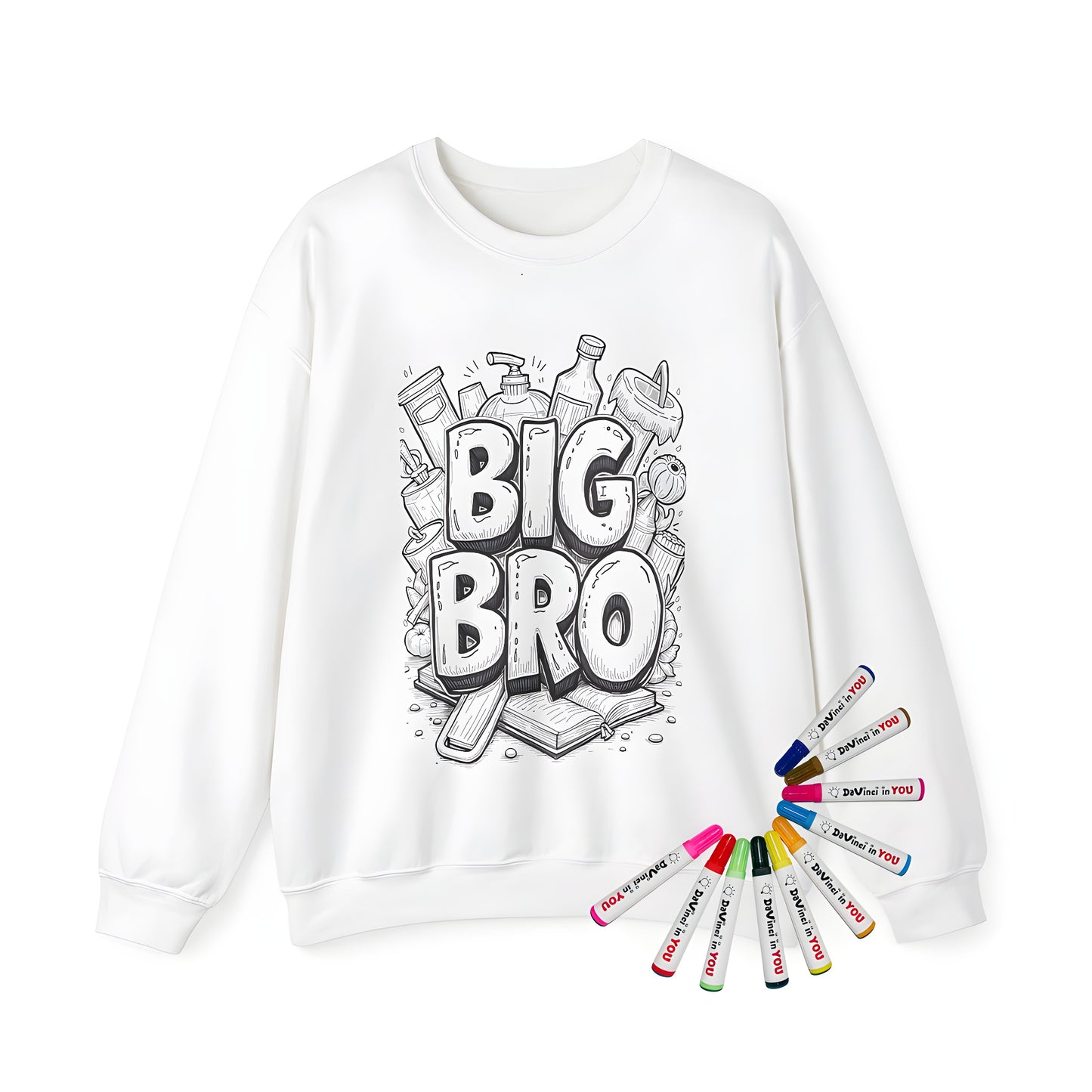 Adult sweatshirt with siblings design inspired by household items and stationery, perfect for adult coloring