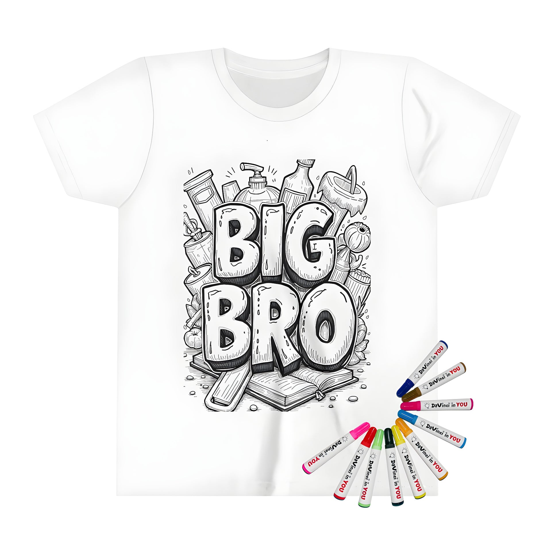 Kid's T-Shirt with Sibling-themed Monochrome Text Art and Household Items