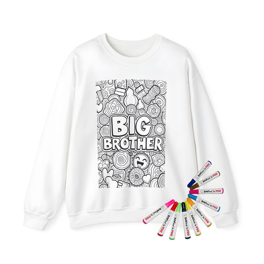 Adult sweatshirt with big brother doodle art design featuring black and white hearts, swirls, and happy faces