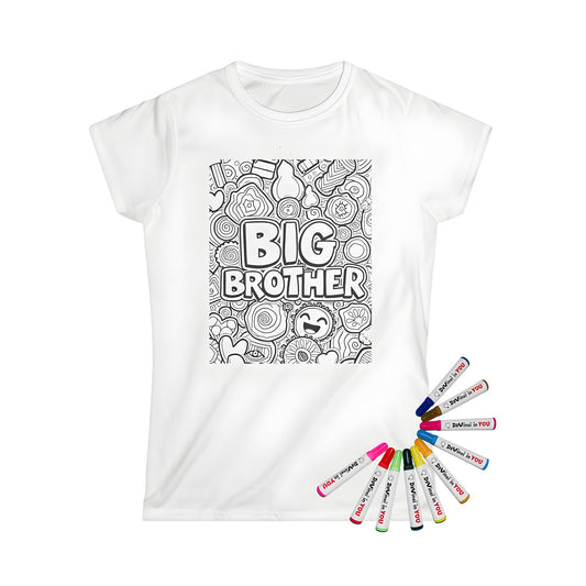 Women's T-shirt featuring black and white doodle art design with Big Brother theme and playful patterns