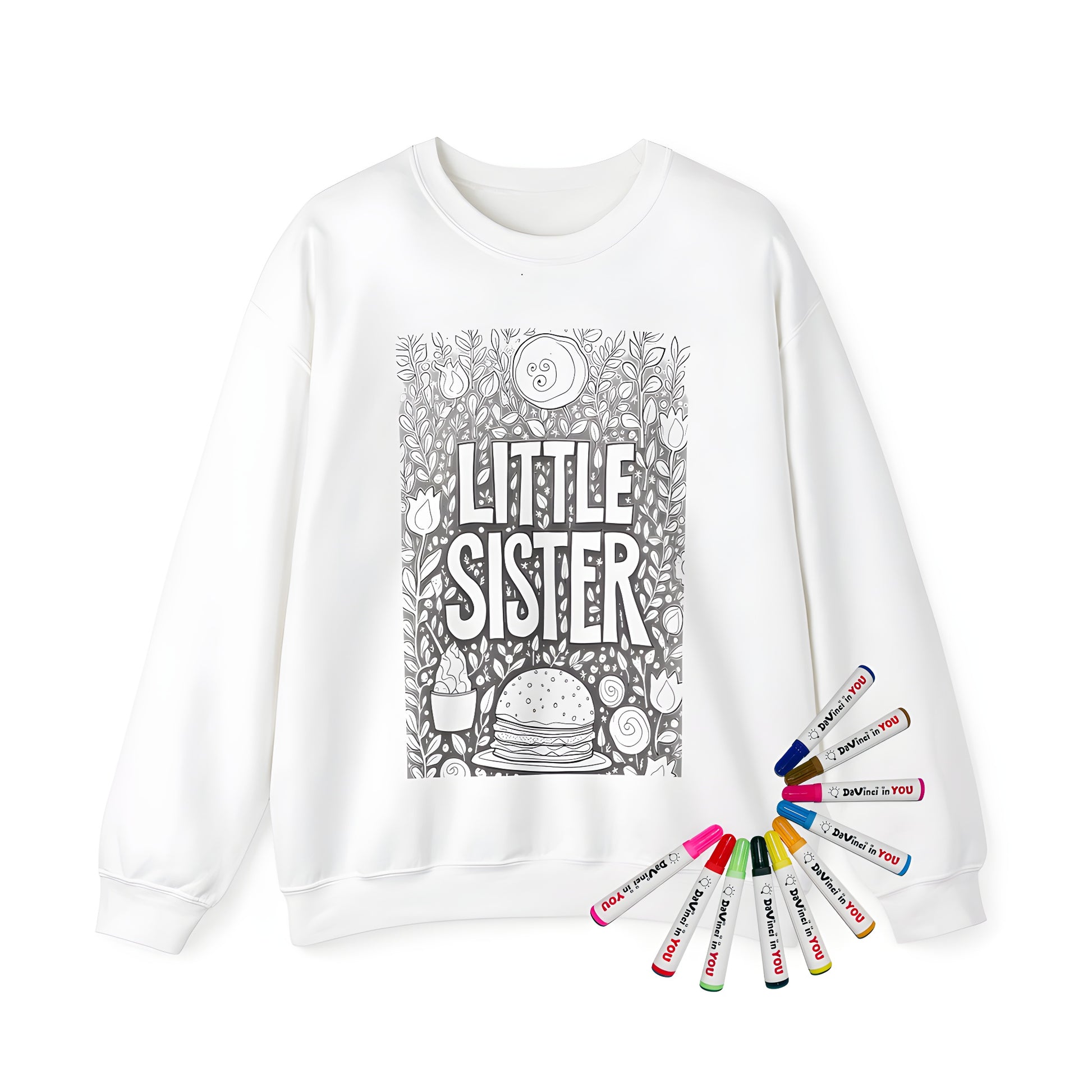 Adult coloring sweatshirt kit with sibling design featuring 'LITTLE SISTER' amidst flowers, burger and dessert details. Includes 10 fabric markers.