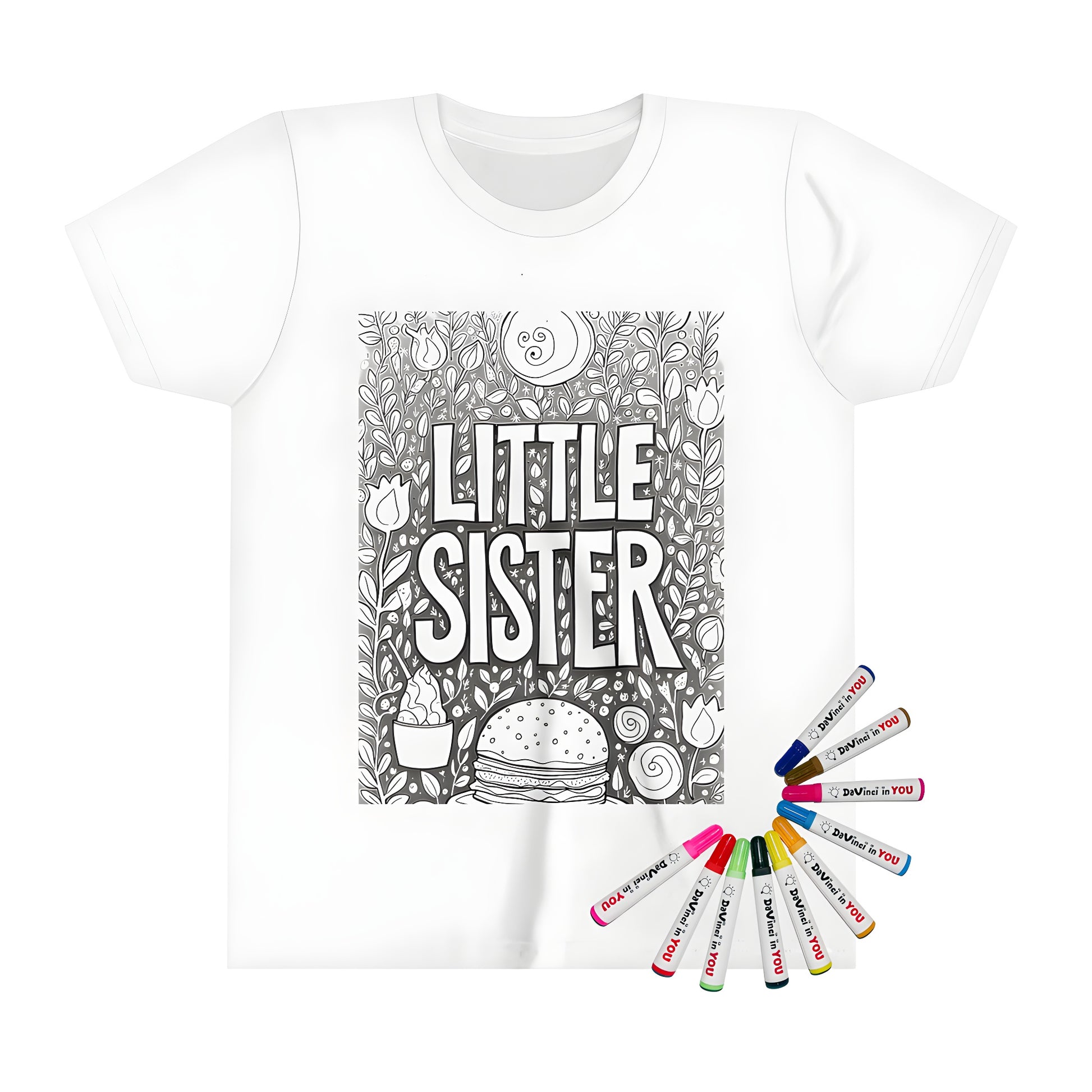 Little sister themed kid's t-shirt with vibrant color markers for sibling activities and arts & crafts