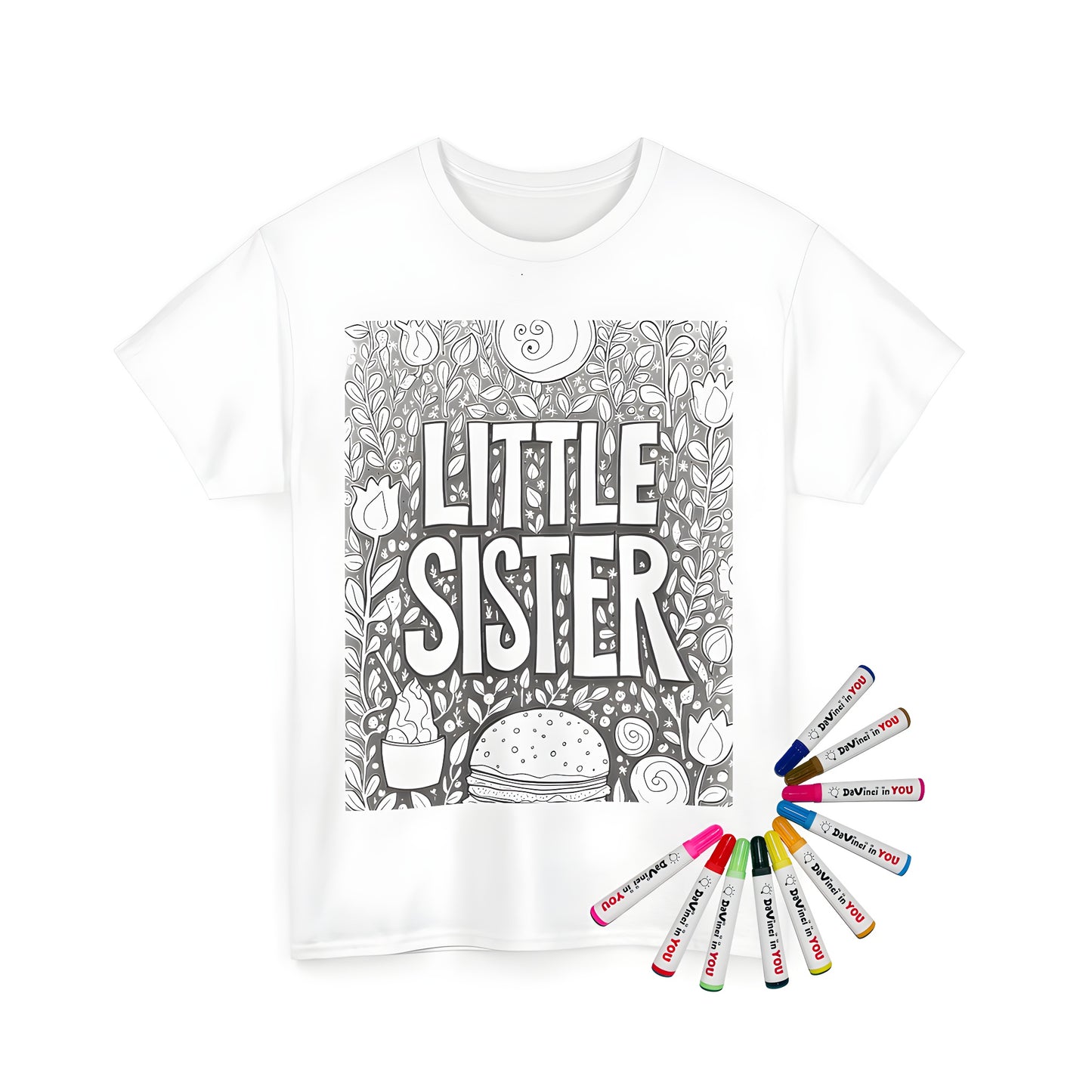 Unisex t-shirt featuring a sibling-themed coloring page design with 10 fabric markers