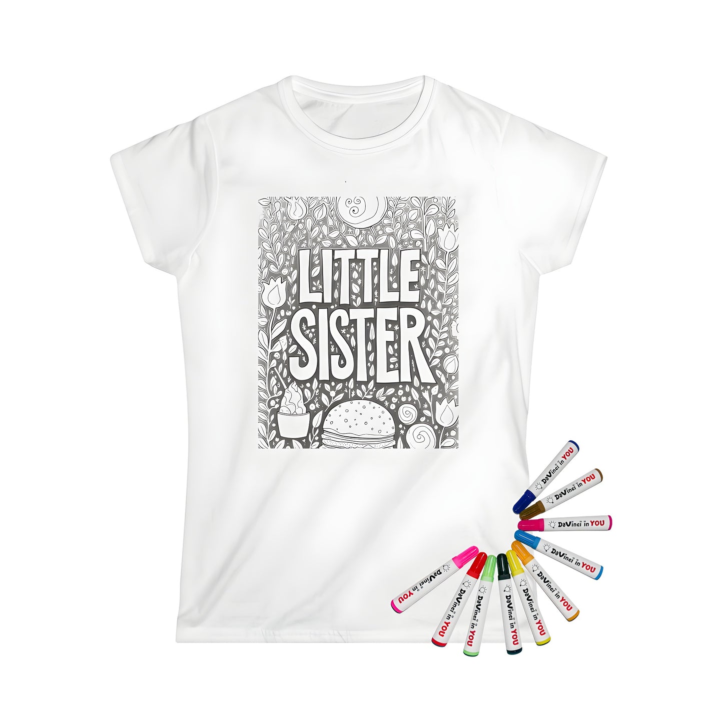 Women's t-shirt featuring 'LITTLE SISTER' illustration amidst flowers, burger, and dessert. Unique sibling gift idea