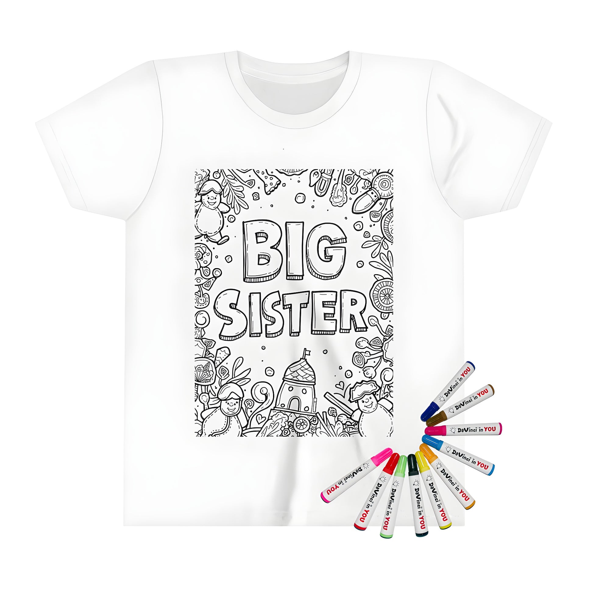 Kid's coloring t-shirt with BIG SISTER design featuring whimsical doodles and cute artwork