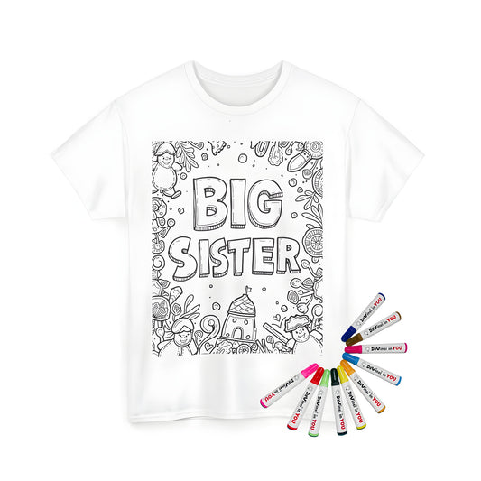 Unisex t-shirt featuring 'BIG SISTER' coloring page design with whimsical doodles of flowers, toys, and castle. Adjustable, comfortable fit for big sister in your life.