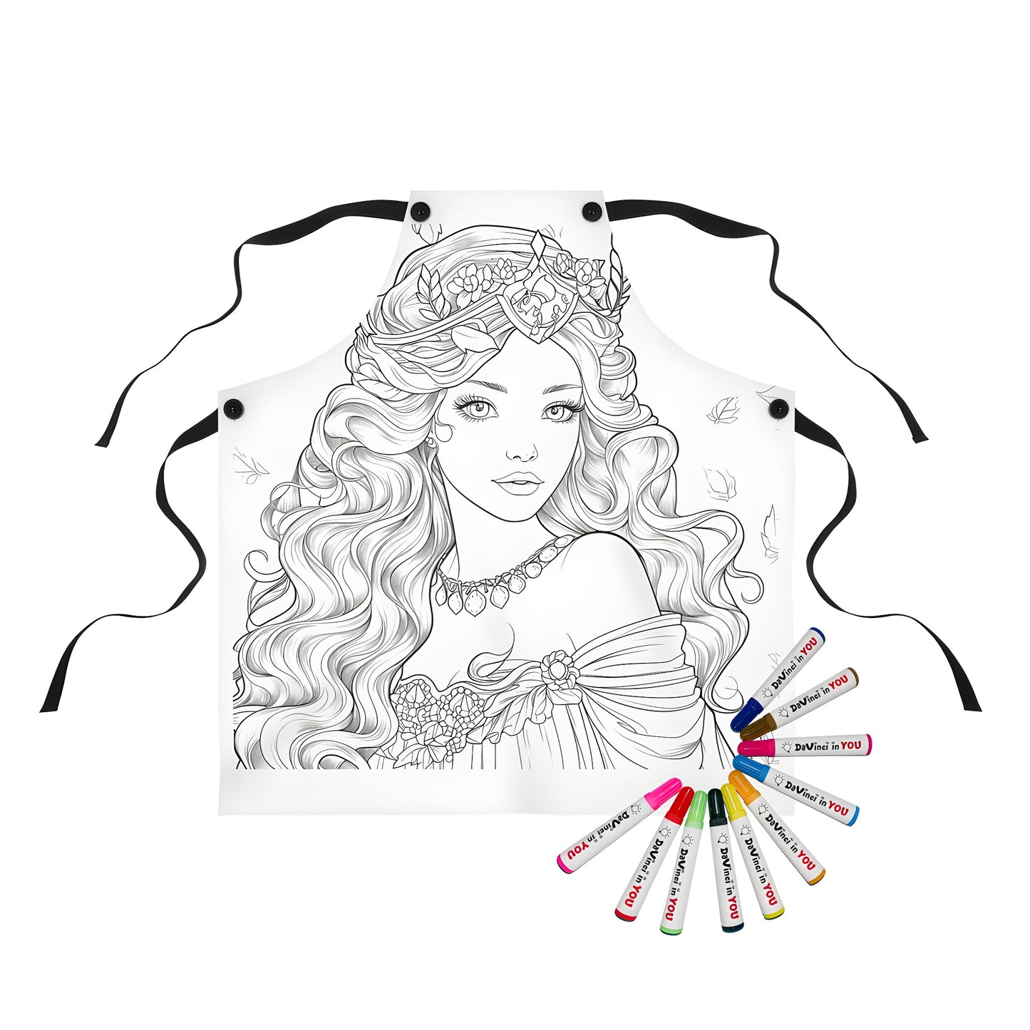 Coloring apron featuring a detailed line art of a princess with long wavy hair and floral crown