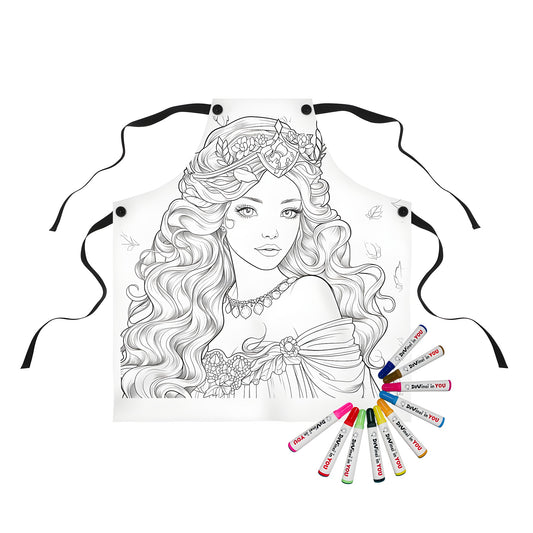 Coloring apron featuring a detailed line art of a princess with long wavy hair and floral crown