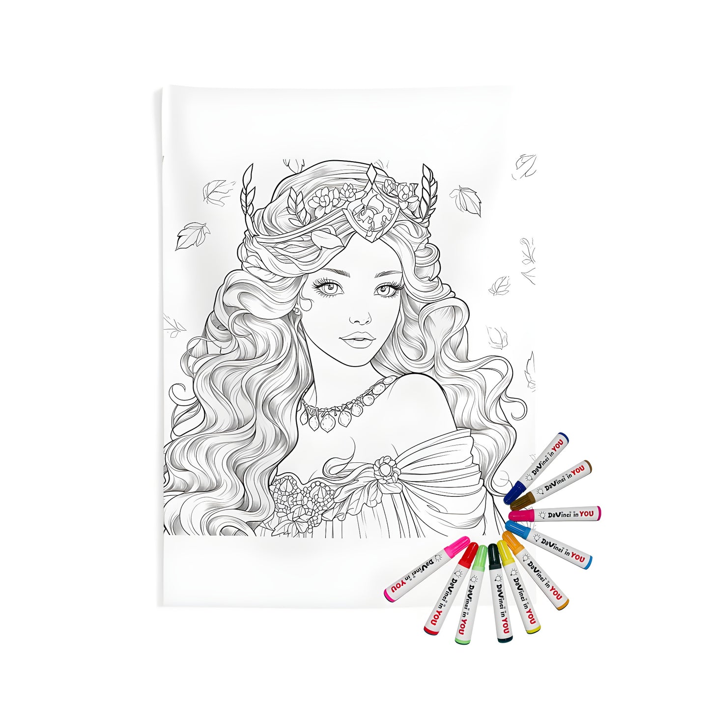 Coloring kit for indoor wall tapestries featuring detailed line art of majestic princesses with long hair, floral crowns, elegant gowns, and leaves in background