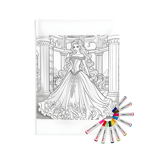 Coloring kit for indoor wall tapestries featuring elegant princess castle scene