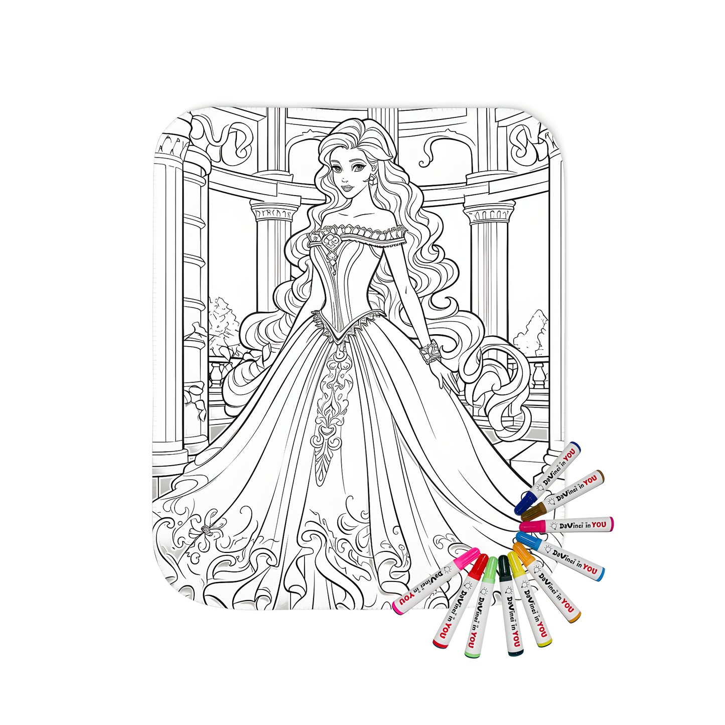 A colorful princess blanket with intricate castle details, featuring flowing hair and an ornate ball gown