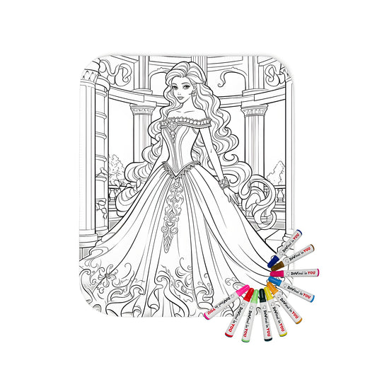 A colorful princess blanket with intricate castle details, featuring flowing hair and an ornate ball gown