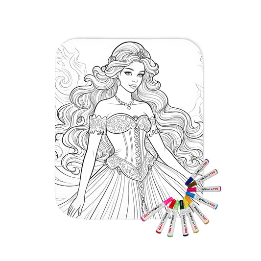 Royal Princess Adult Coloring Pages Blanket - Detailed Tiara Gown Design with Elegant Accessories