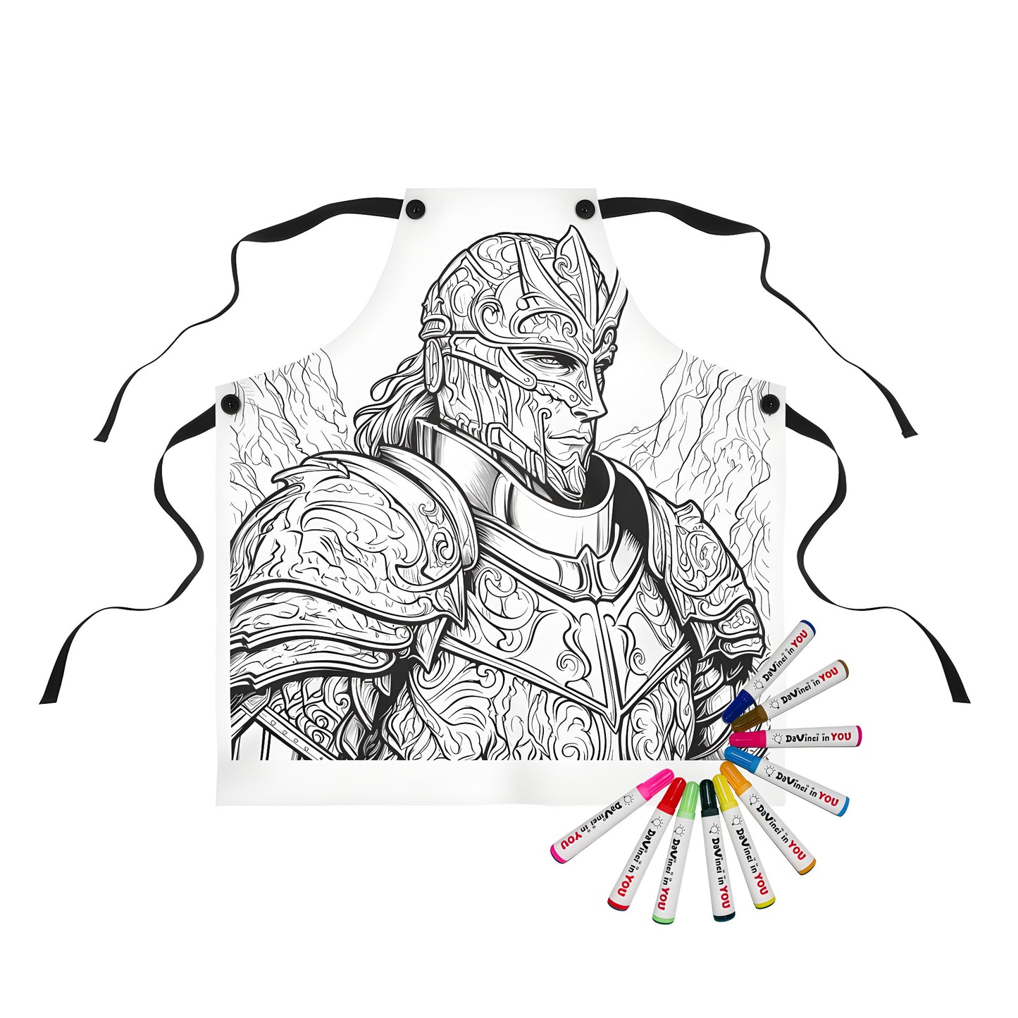 Coloring apron featuring a detailed knight illustration with armor and mountains