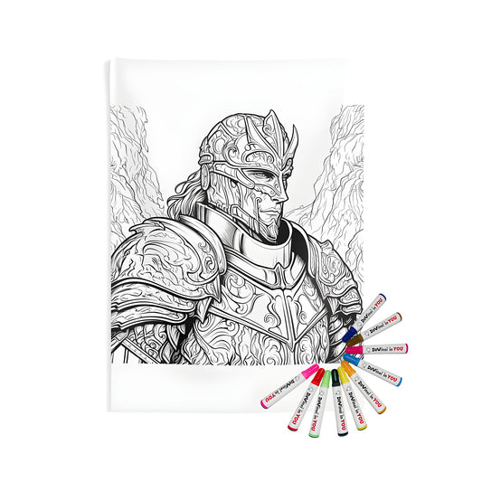 Cozy indoor wall tapestry featuring an armored knight illustration with intricate designs and a mountainous background