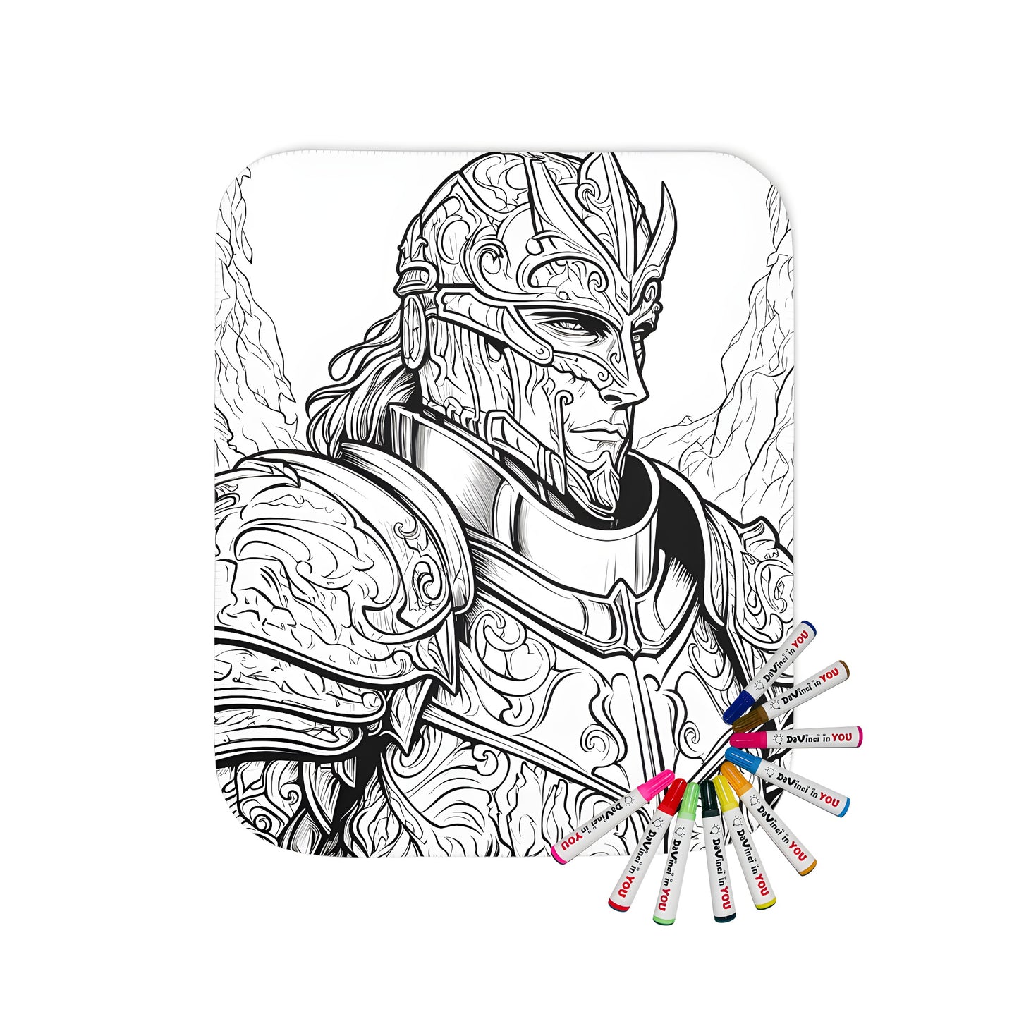 Blanket featuring an illustrated armored knight design with intricate armor details and a scenic mountainous background. Includes 10 fabric markers for coloring.