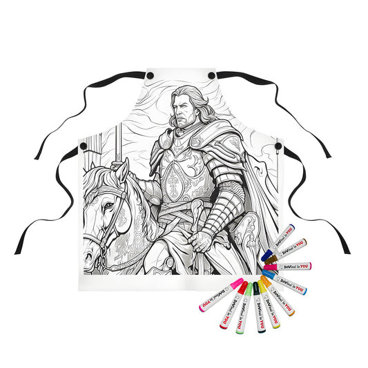 Colorful apron featuring an armored knight on horseback design with intricate details