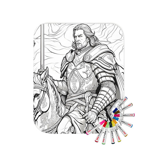 Cozy blanket with an intricate knight in armor design on horseback, featuring medieval details and vibrant colors