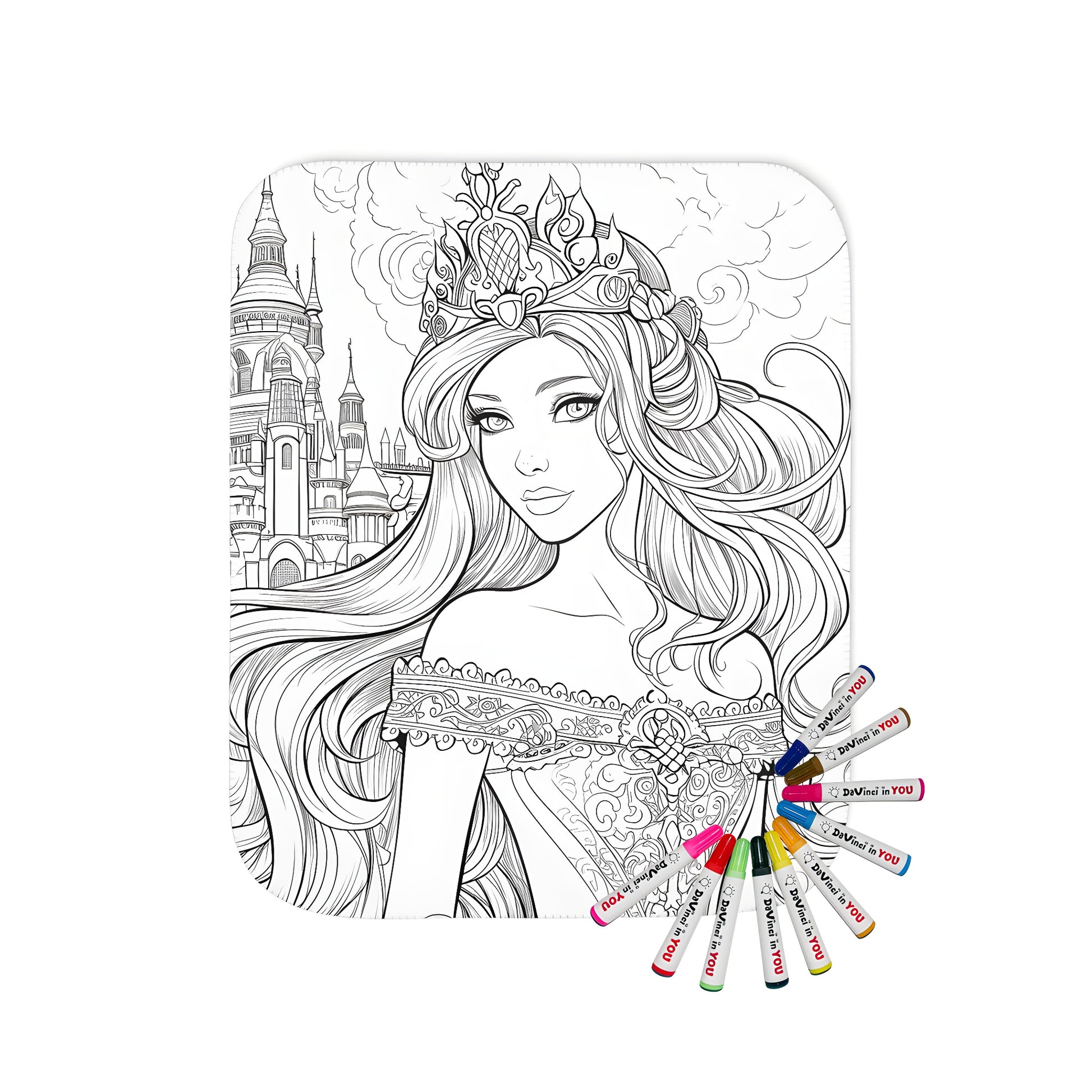 Intricate blanket with coloring page design of royal princess, crown, flowing hair and castle