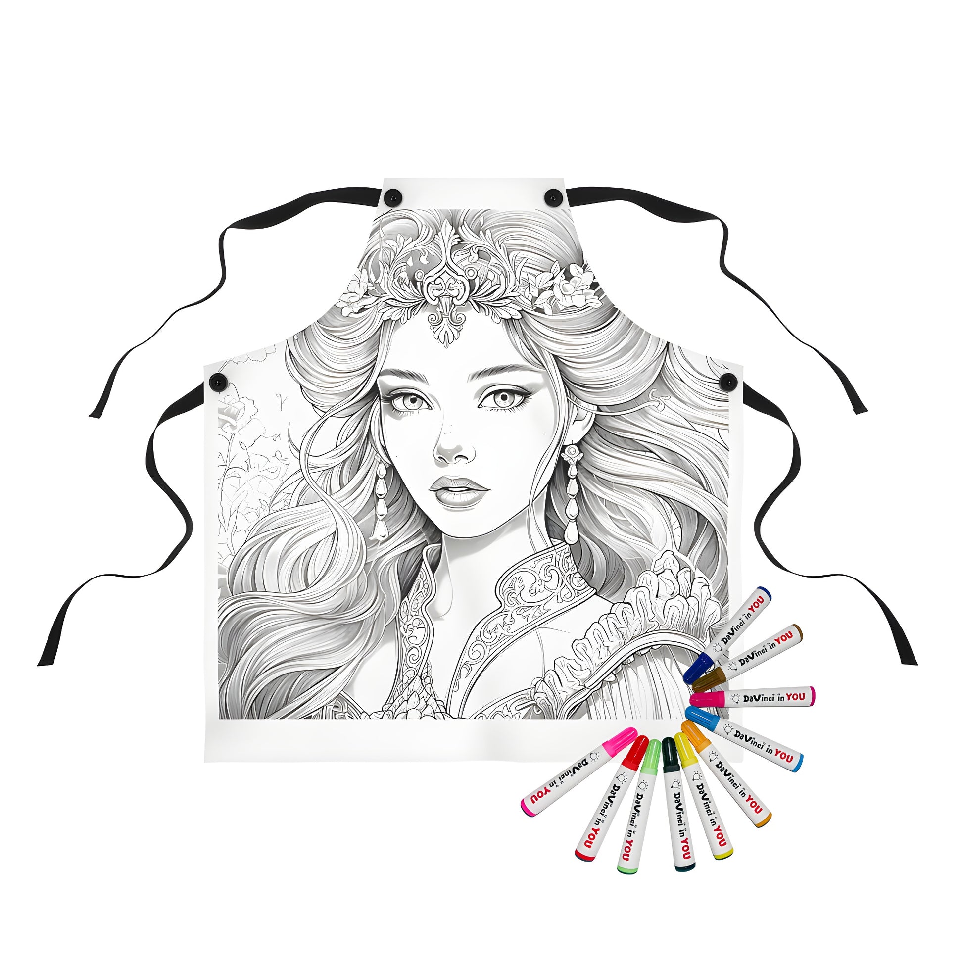 Apron with colorful princess portrait, floral crown, and detailed line art illustration