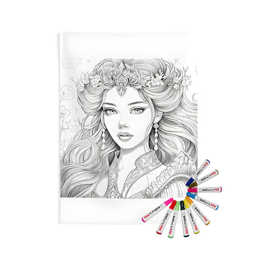 Indoor wall tapestry coloring kit with princess portrait design featuring black and white illustration of royalty wearing floral crown and ornate dress