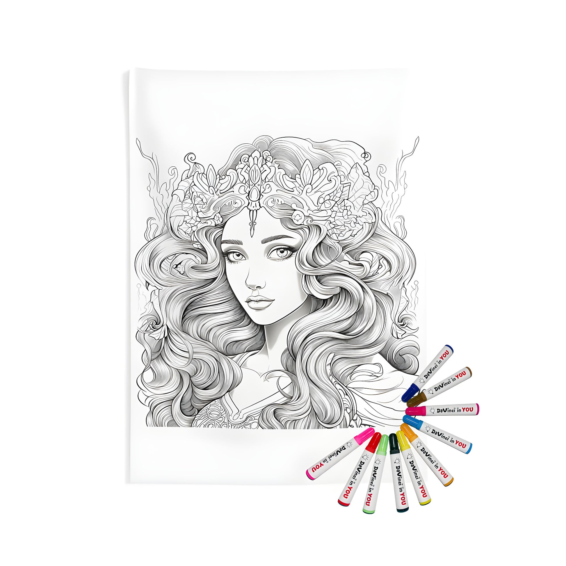 Indoor wall tapestry featuring detailed black and white line art of a princess wearing an intricate crown, flowing hair, and regal expression. Perfect for fantasy fans, royalty enthusiasts, and coloring page lovers.