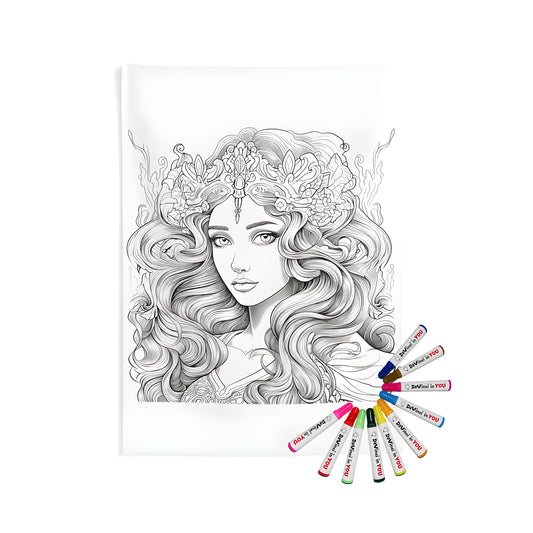 Indoor wall tapestry featuring detailed black and white line art of a princess wearing an intricate crown, flowing hair, and regal expression. Perfect for fantasy fans, royalty enthusiasts, and coloring page lovers.