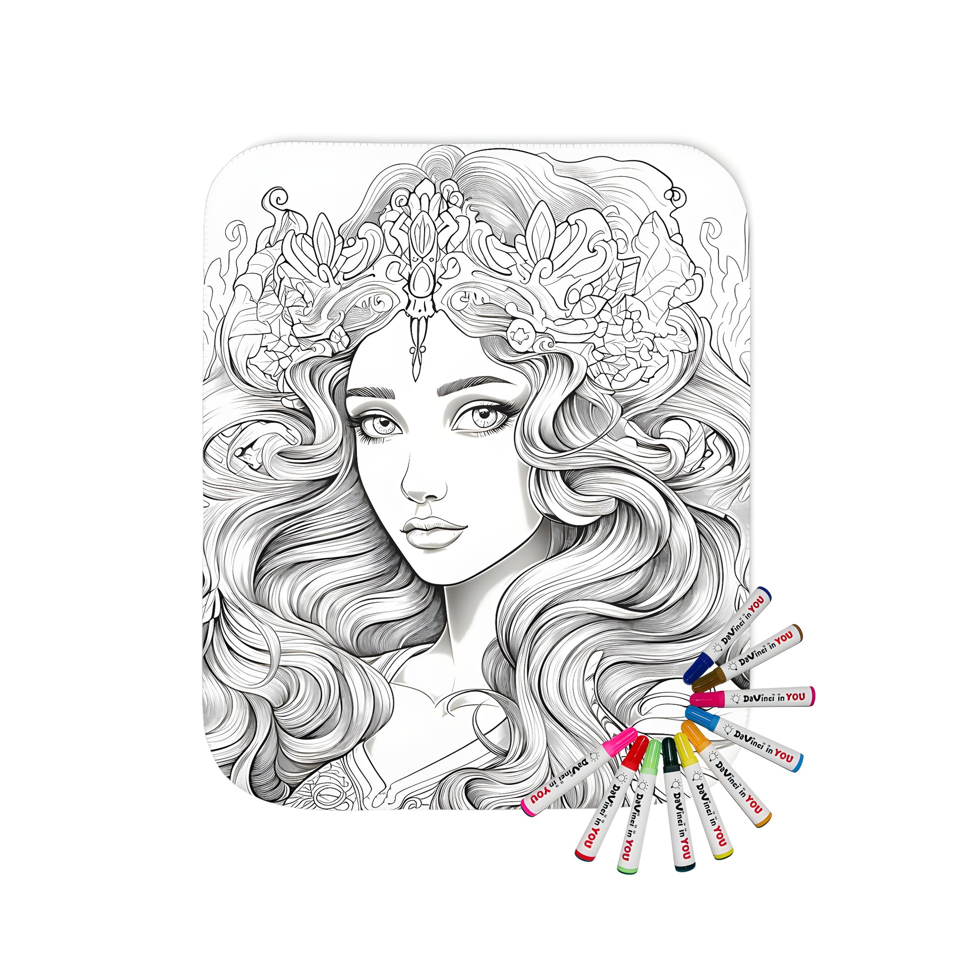 Coloring blanket with fantasy royalty princess illustration, whimsical design