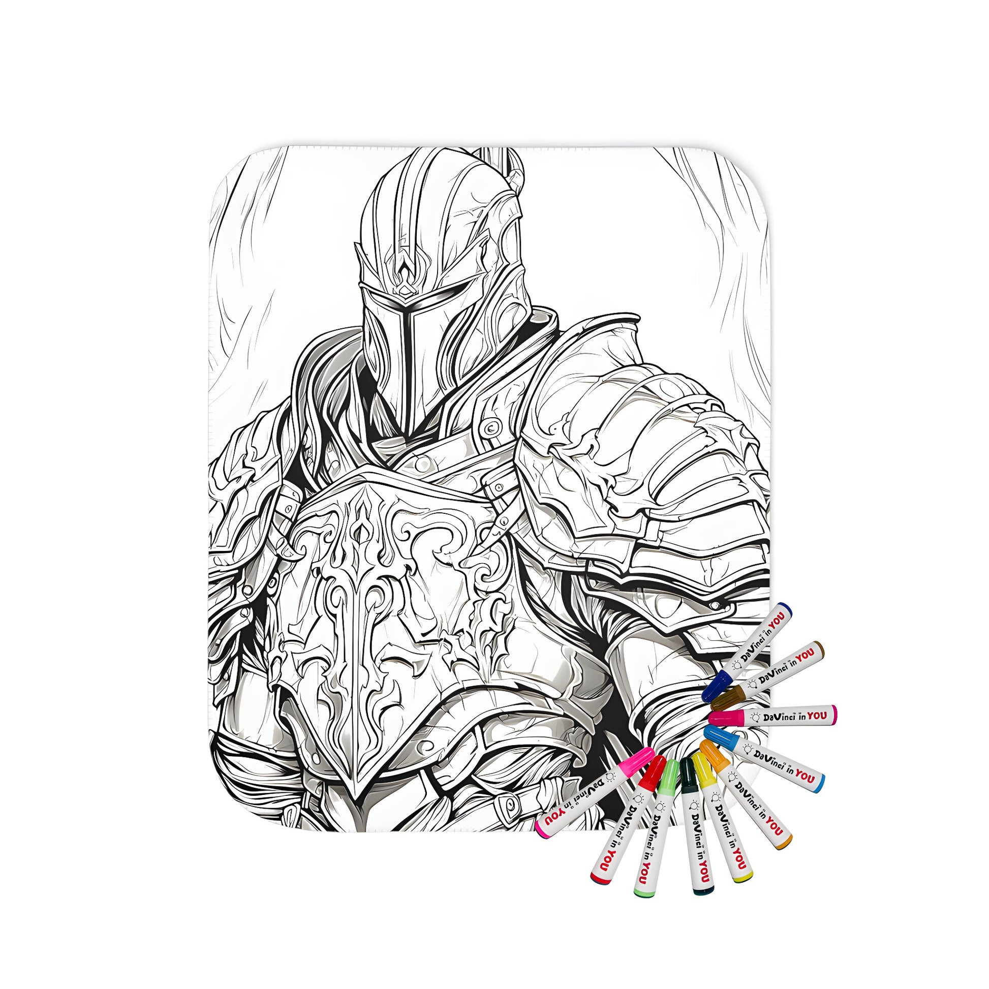 Coloring blanket with armored knight design, black and white illustration, intricate armor, medieval theme