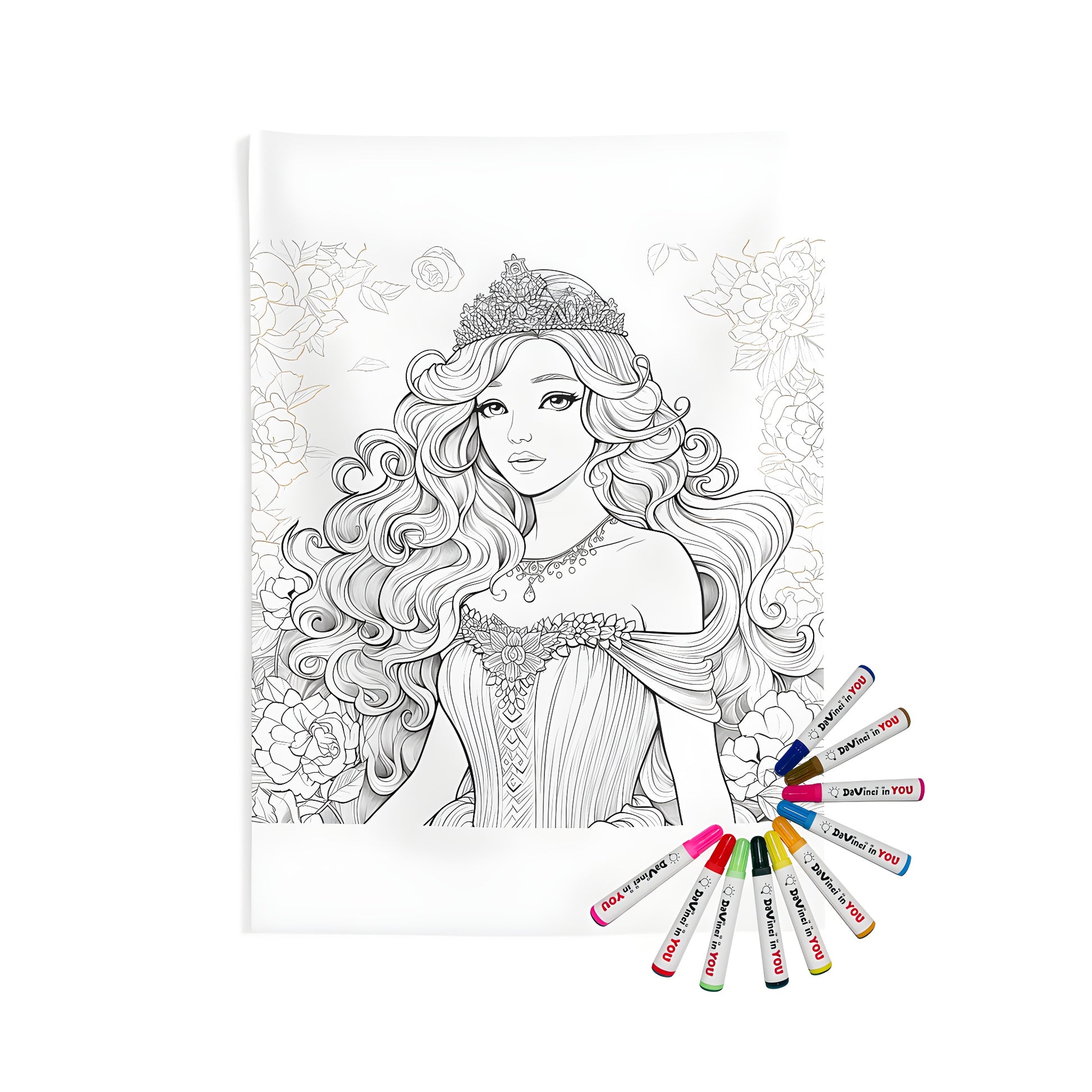 Indoor wall tapestry featuring princess illustration with floral design and coloring kit