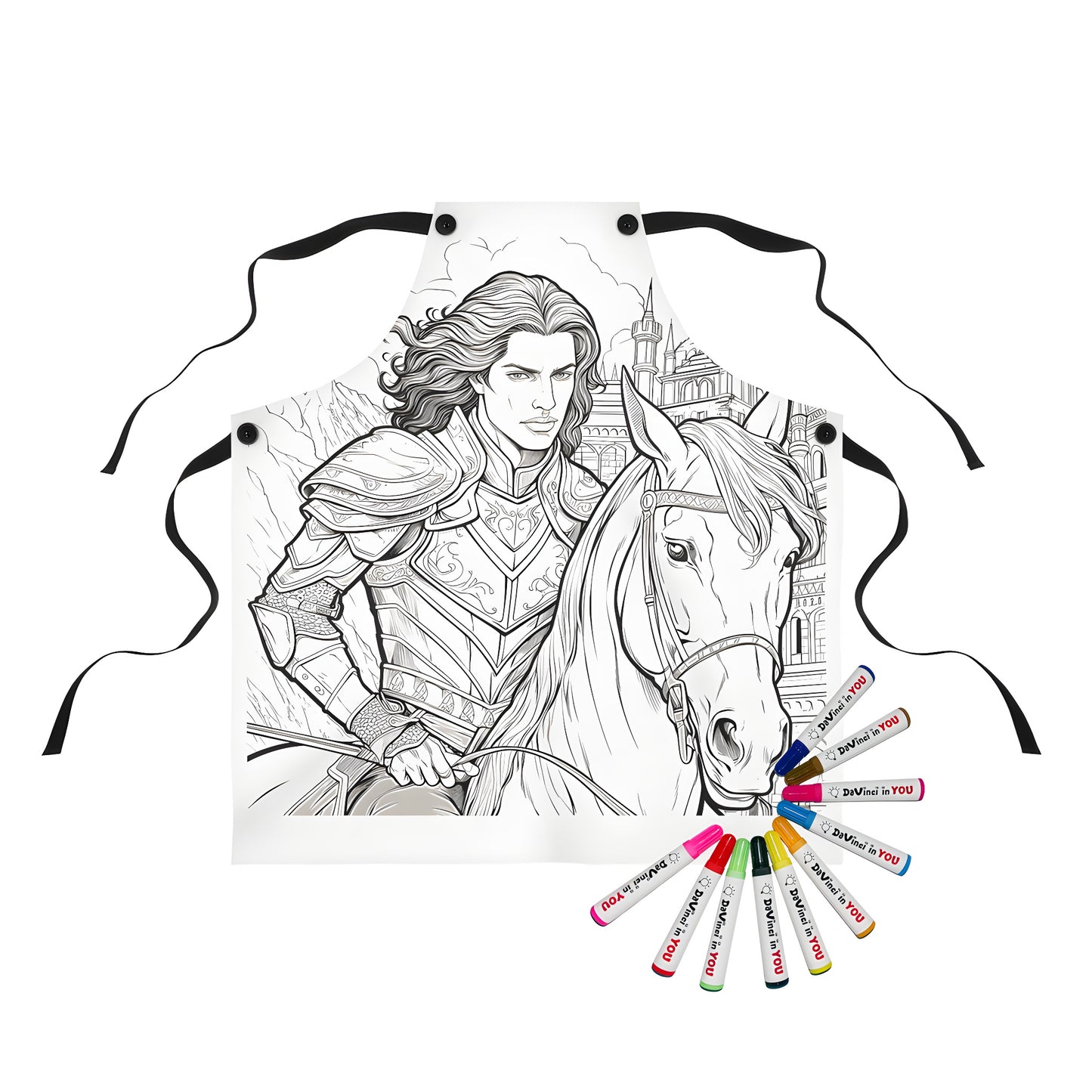 Coloring apron of a knight in armor riding a horse, medieval theme, creative art