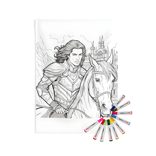 Indoor Wall Tapestry of Line art of a knight in detailed armor riding a horse, set against a castle and mountains. Perfect for home decor or office space